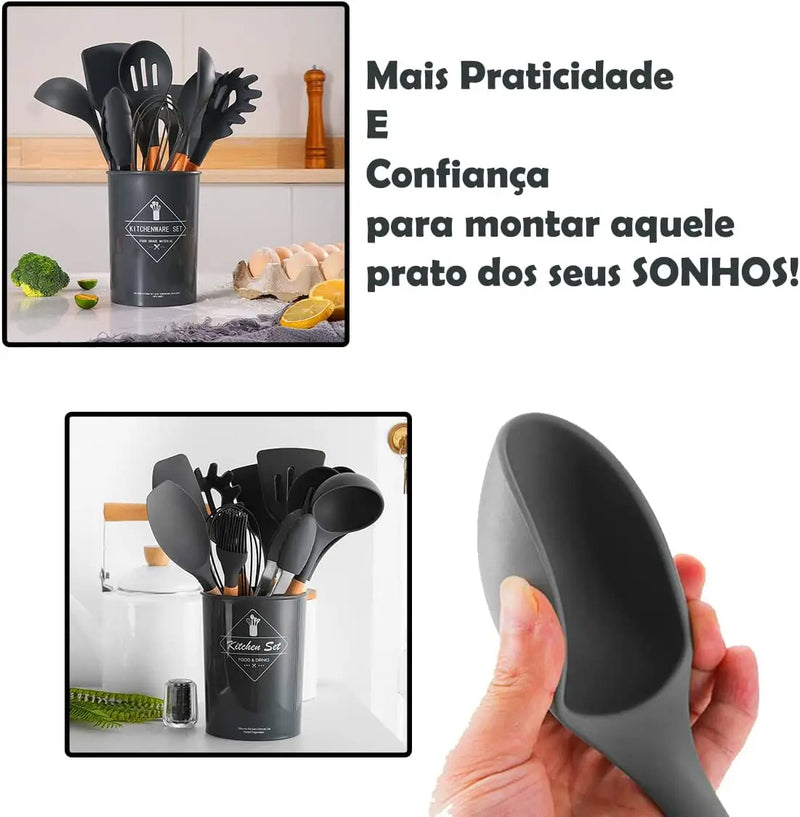 Jogo Kit C/12 Peças Utensílios De Cozinha Colheres Espatula Silicone Cabo Madeira Decoração Livre BPA