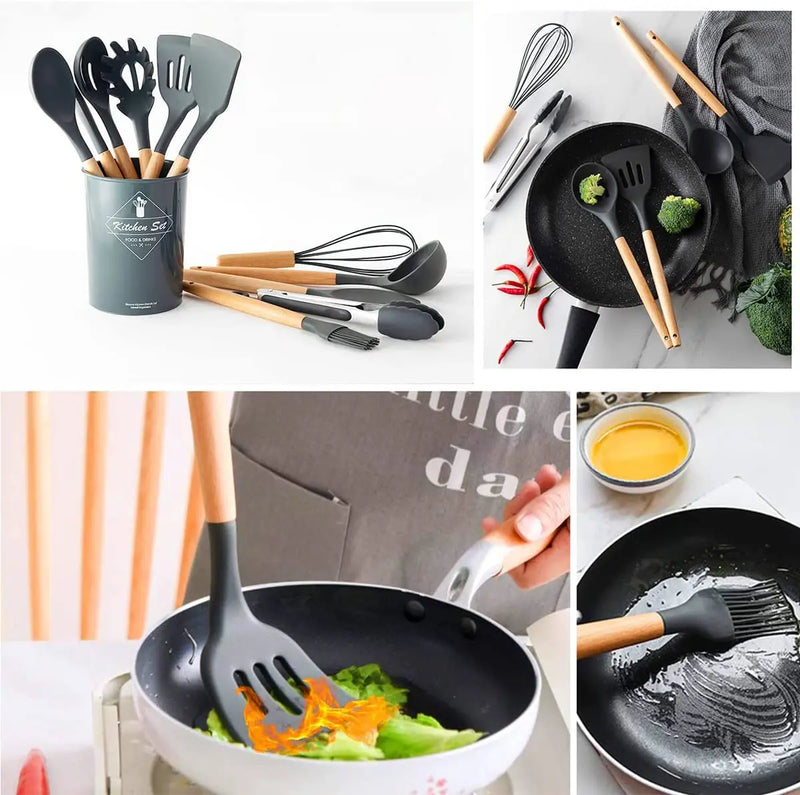 Jogo Kit C/12 Peças Utensílios De Cozinha Colheres Espatula Silicone Cabo Madeira Decoração Livre BPA