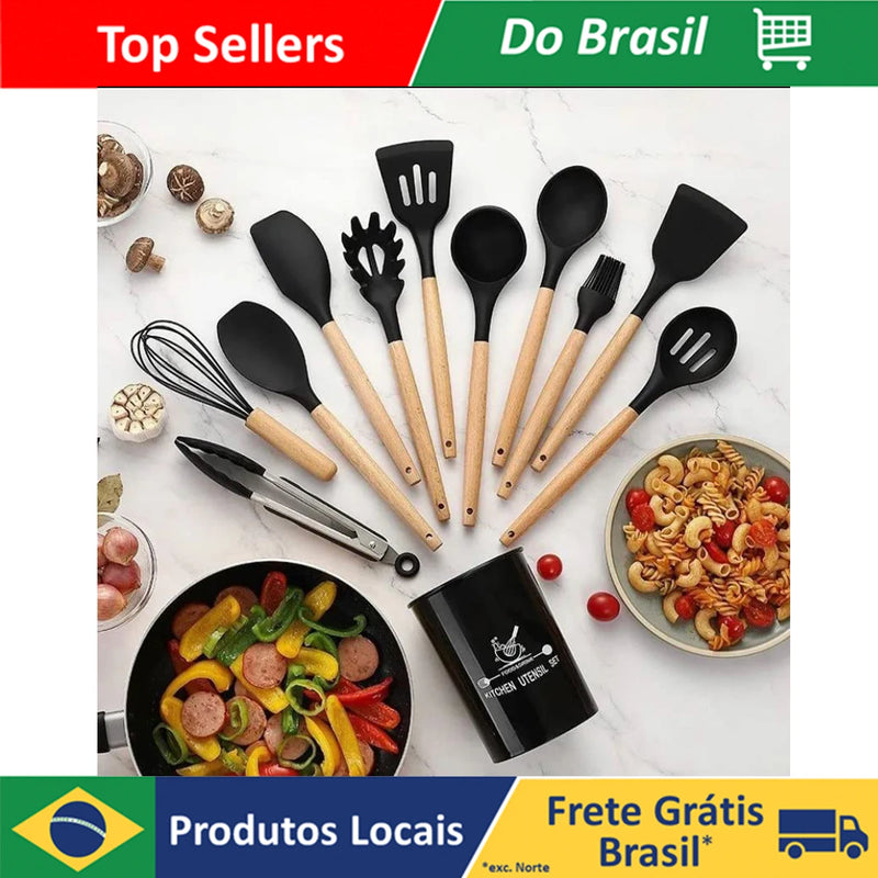 Jogo Kit C/12 Peças Utensílios De Cozinha Colheres Espatula Silicone Cabo Madeira Decoração Livre BPA