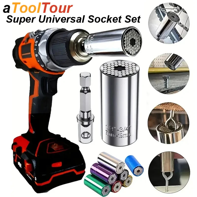 Universal Universal Socket Wrench Set, Cabeça de Torque Set, Super Manga Gadget, Power Drill Adapter, Magic Grip, Spanner Key, MultifuncionalWrench Torque Head Set Ratchet Super Sleeve Gadget Power Drill Adapter Magic Grip Spanner Key Multifunctional